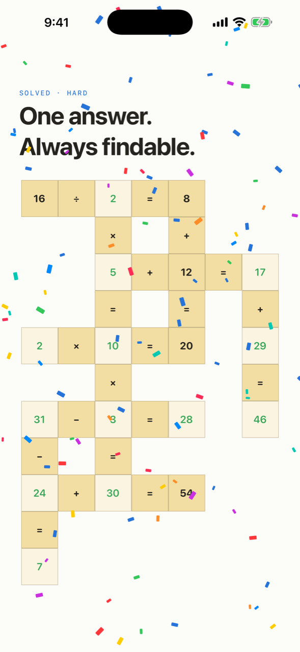 A solved board under the words one answer, always findable